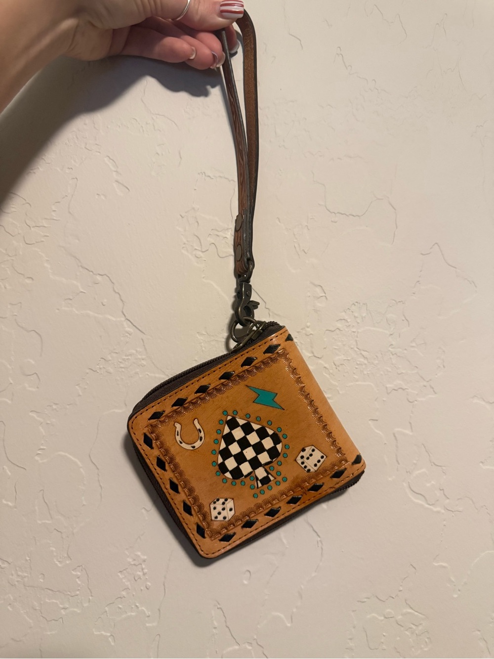 Leather Wristlet Zip Wallet with Checkerboard Heart & Dice Motif - Tan